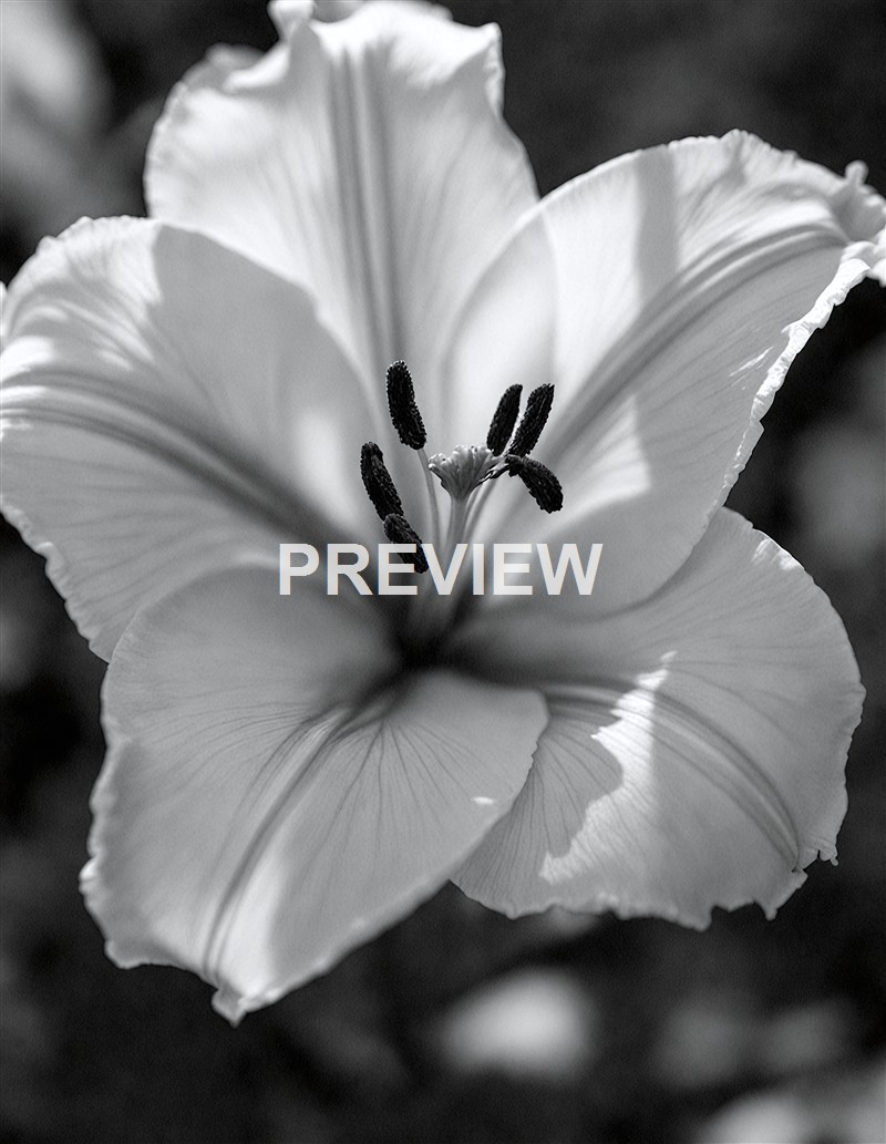 A close-up black and white photograph of a fully bloomed flower with delicate petals and prominent stamens in the center.